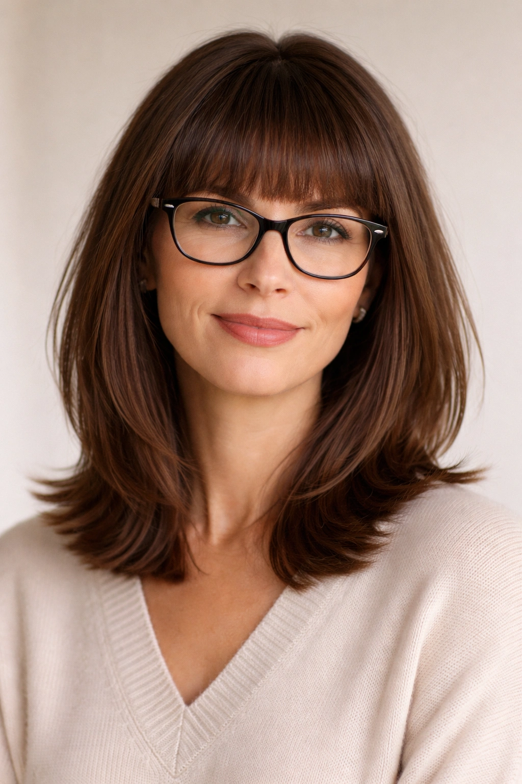 Medium-length hair with blunt bangs just above the eyebrows and a clean silhouette