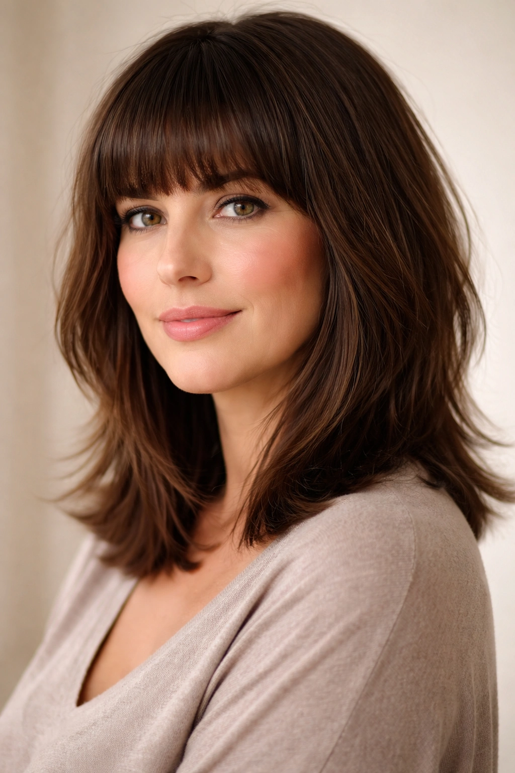 Medium-length hair with blunt bangs and textured layers.
