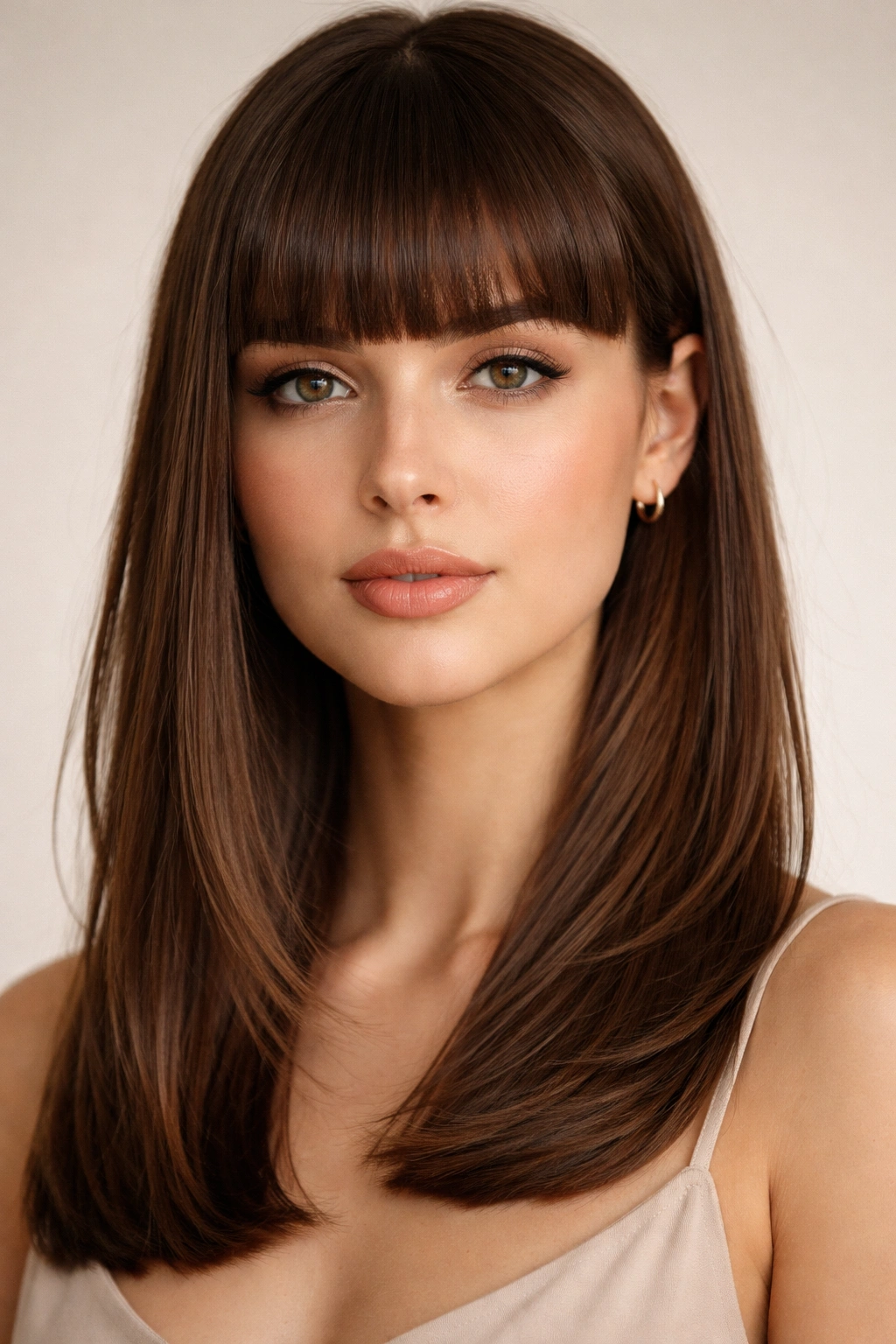 Close-up of blunt bangs across the forehead with straight medium-length hair