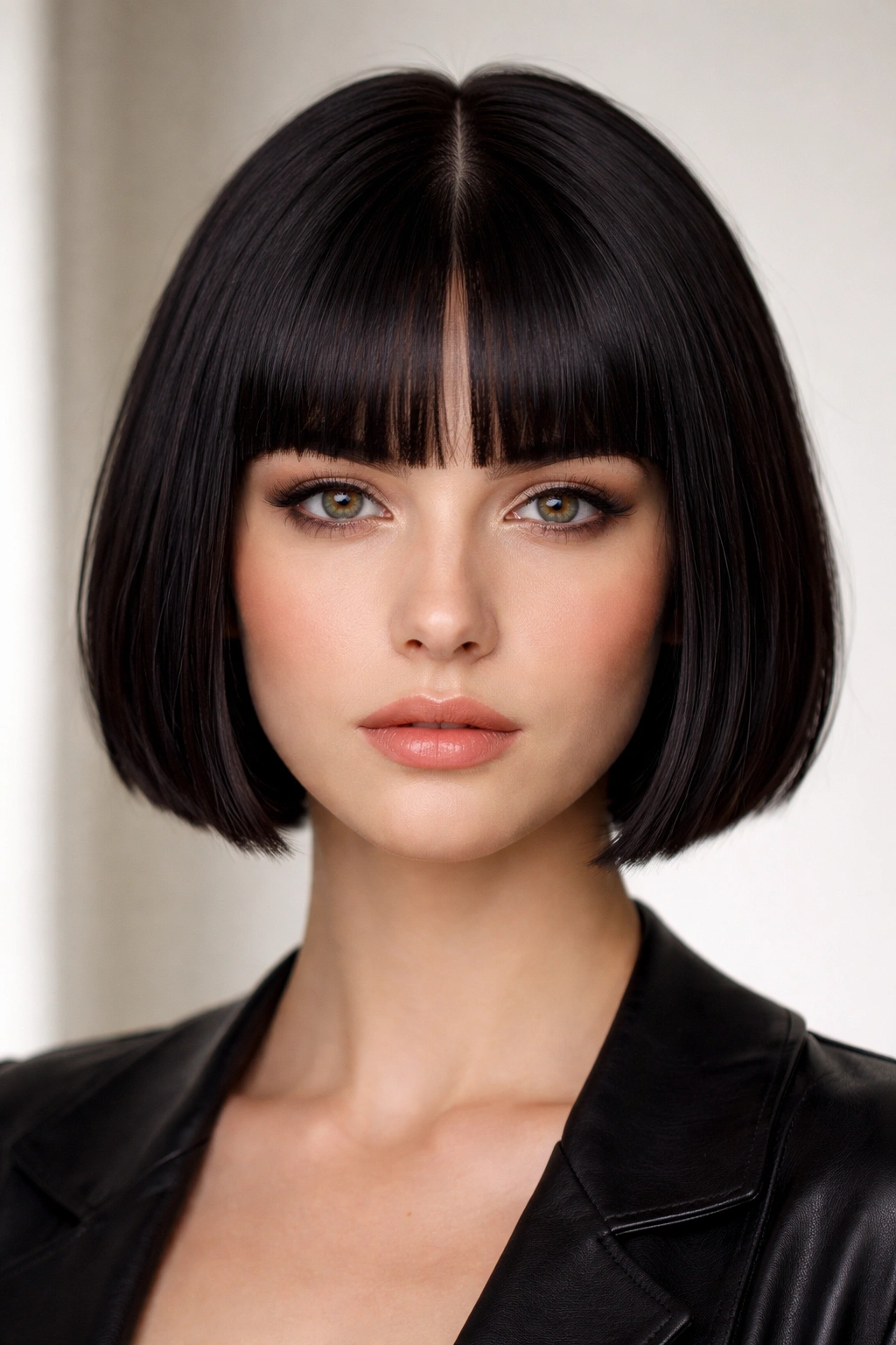 Short hair with blunt bangs and middle part, clean geometric lines.