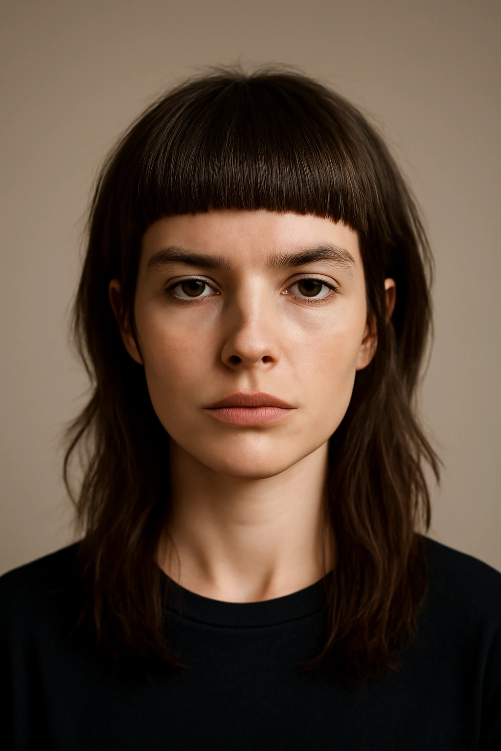 Blunt bangs mullet featuring thick straight fringe and flowing back