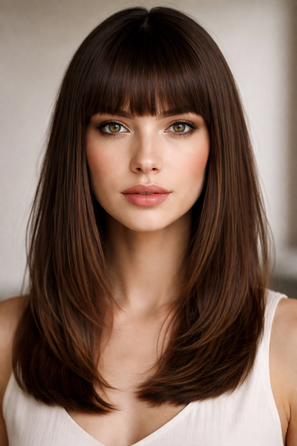 Blunt bangs on oblong face creating a horizontal fringe.