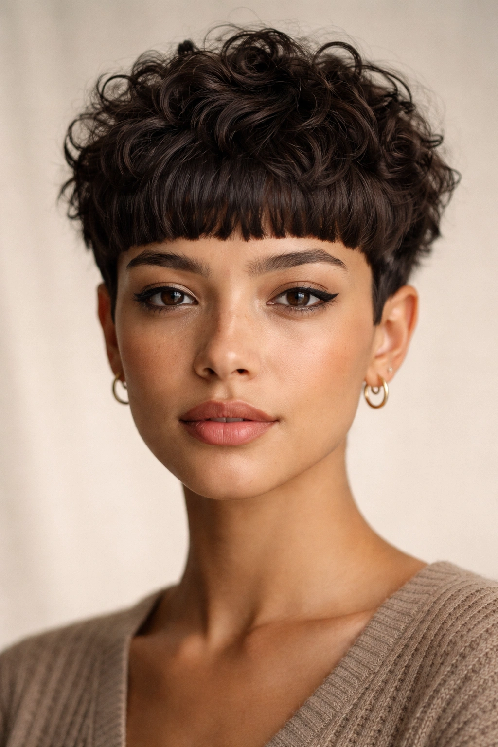 Close-up portrait of a person with blunt bangs pixie hairstyle.