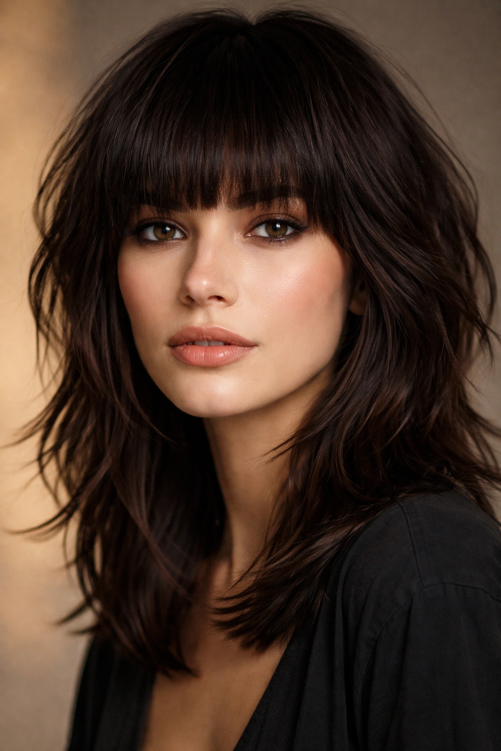 Portrait of a model with blunt bangs shag hairstyle in studio