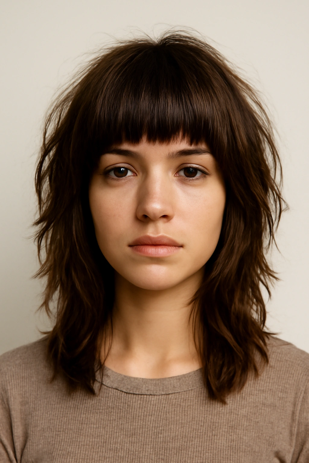Frontal view of blunt bangs with textured shag below for a bold frame