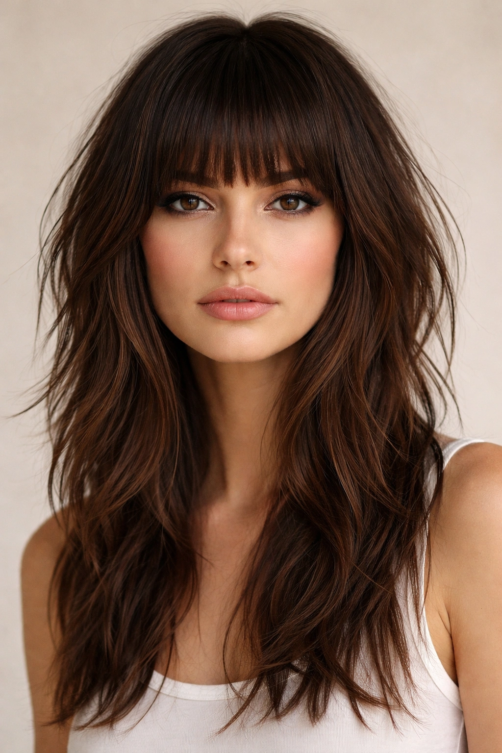 Close-up of blunt bangs with shag haircut on a model highlighting bold fringe and textured layers