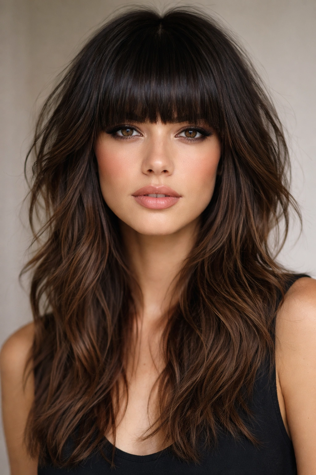 Blunt-banged shag hairstyle with straight-across bangs and textured layers.
