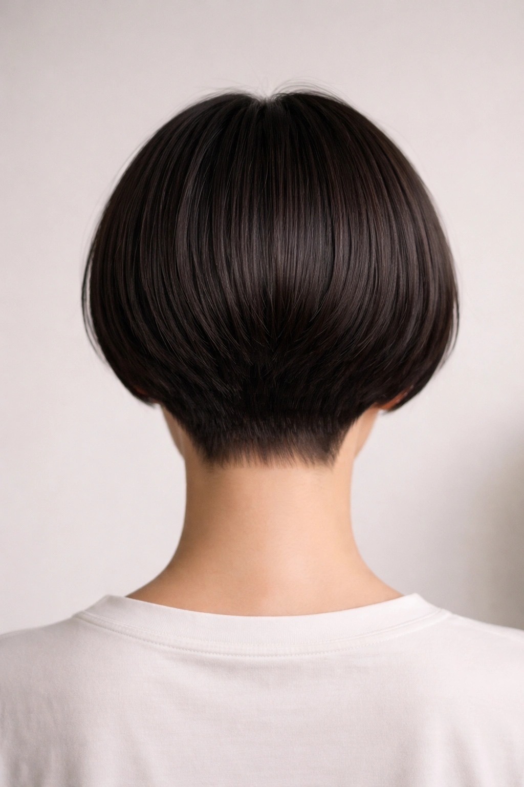 Back view of a short cut with tapered back and blunt fringe signature