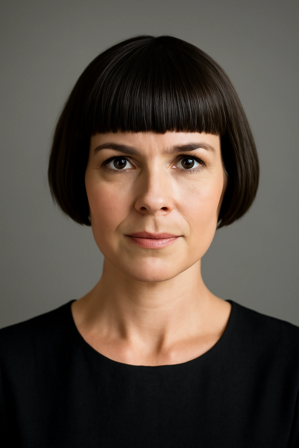 Bold blunt bangs with short-length hair in a studio portrait.