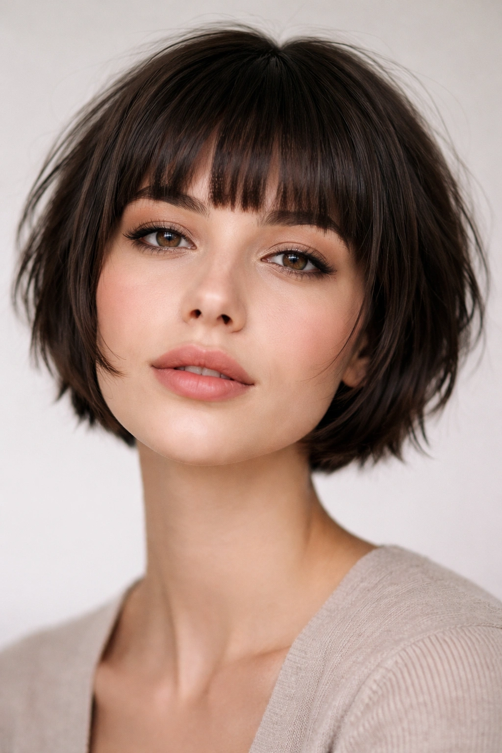 Close-up portrait of a person with short hair and blunt bangs