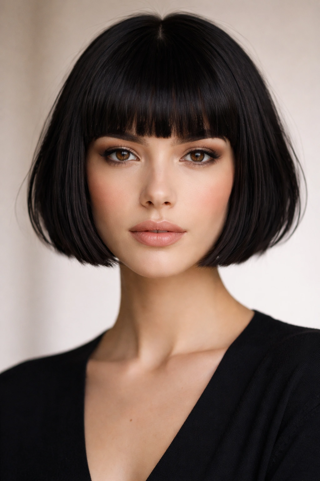 Portrait of a person with blunt bangs and short hair, bold graphic fringe.