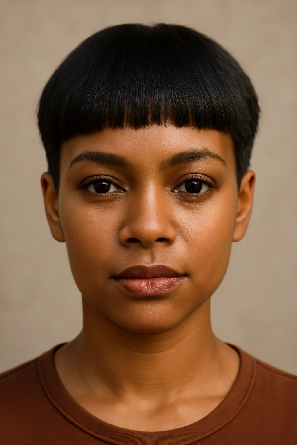 Frontal portrait of a person with blunt bangs and short sides framing the face
