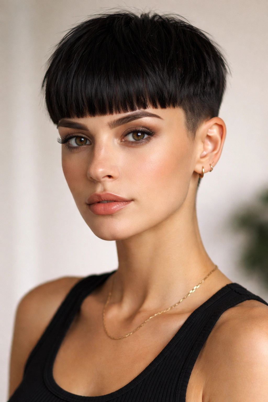 Portrait of a person with thick blunt bangs and ultra-short sides in studio lighting