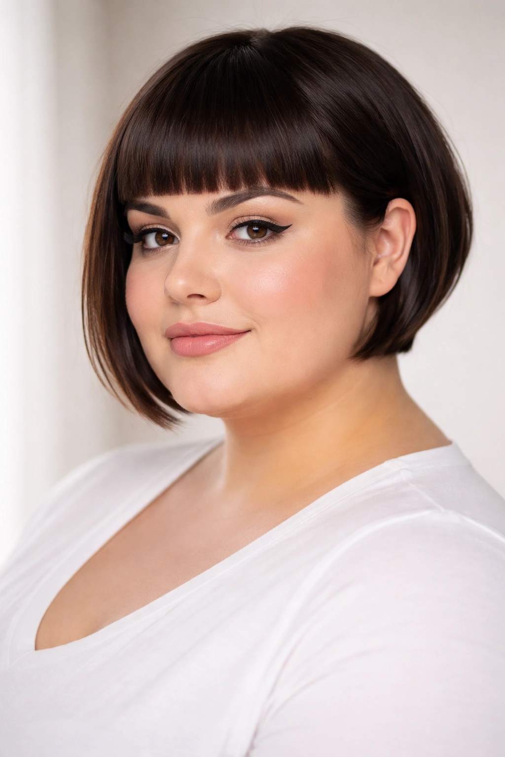 Blunt bangs with short sides hairstyle on a round-faced model in a studio portrait