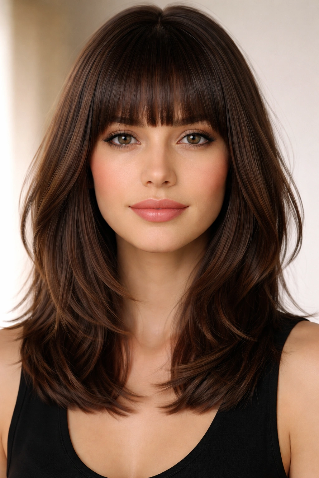 Blunt bangs with shoulder-length layers close-up highlighting fringe and volume