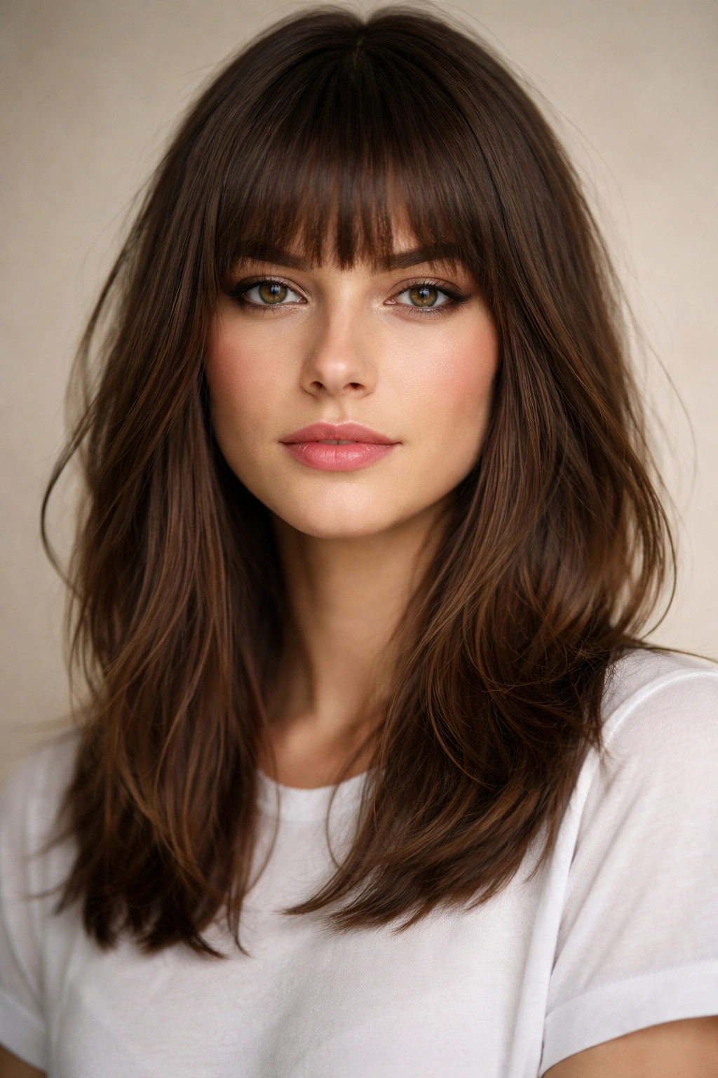 Close-up of blunt bangs with shoulder-length layers showing crisp fringe and movement