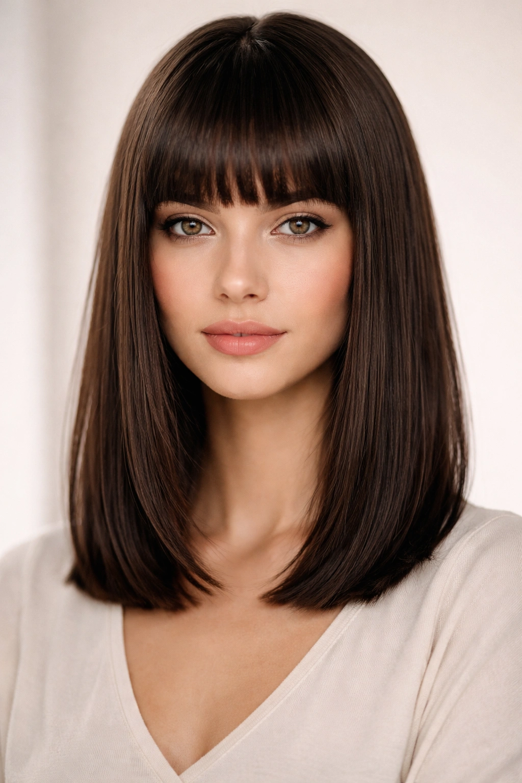 Model showing blunt bangs with shoulder-length straight hair.