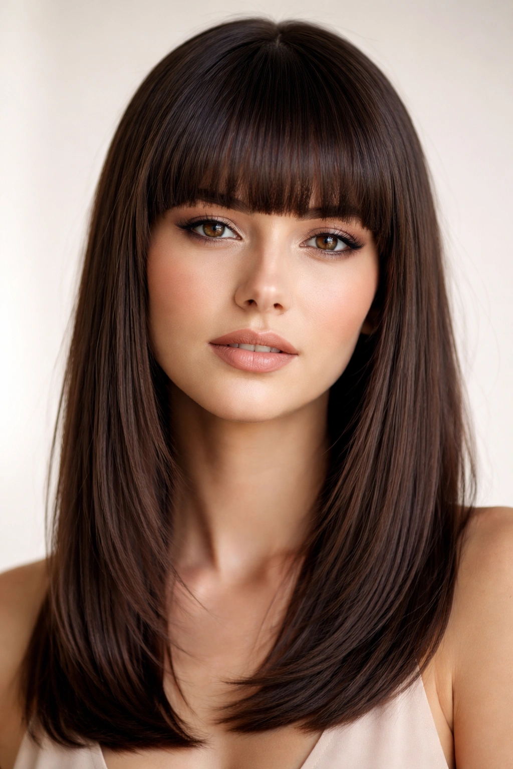Close-up of blunt straight-across bangs creating a bold forehead line on straight hair
