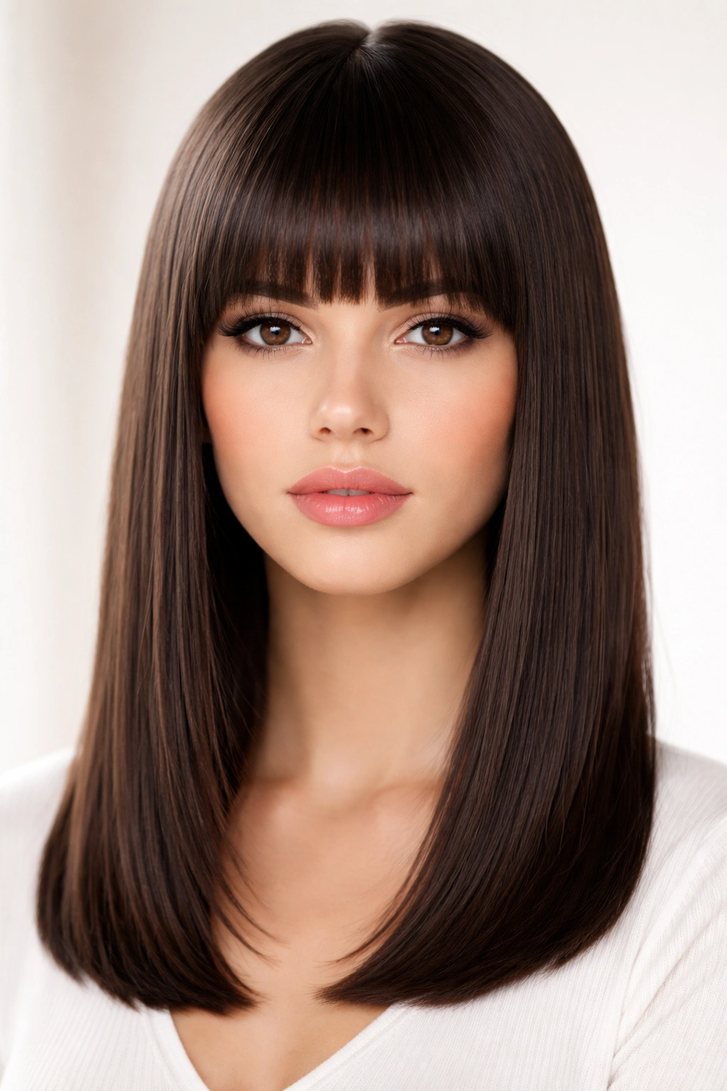Portrait of straight hair with blunt bangs above the eyebrows.