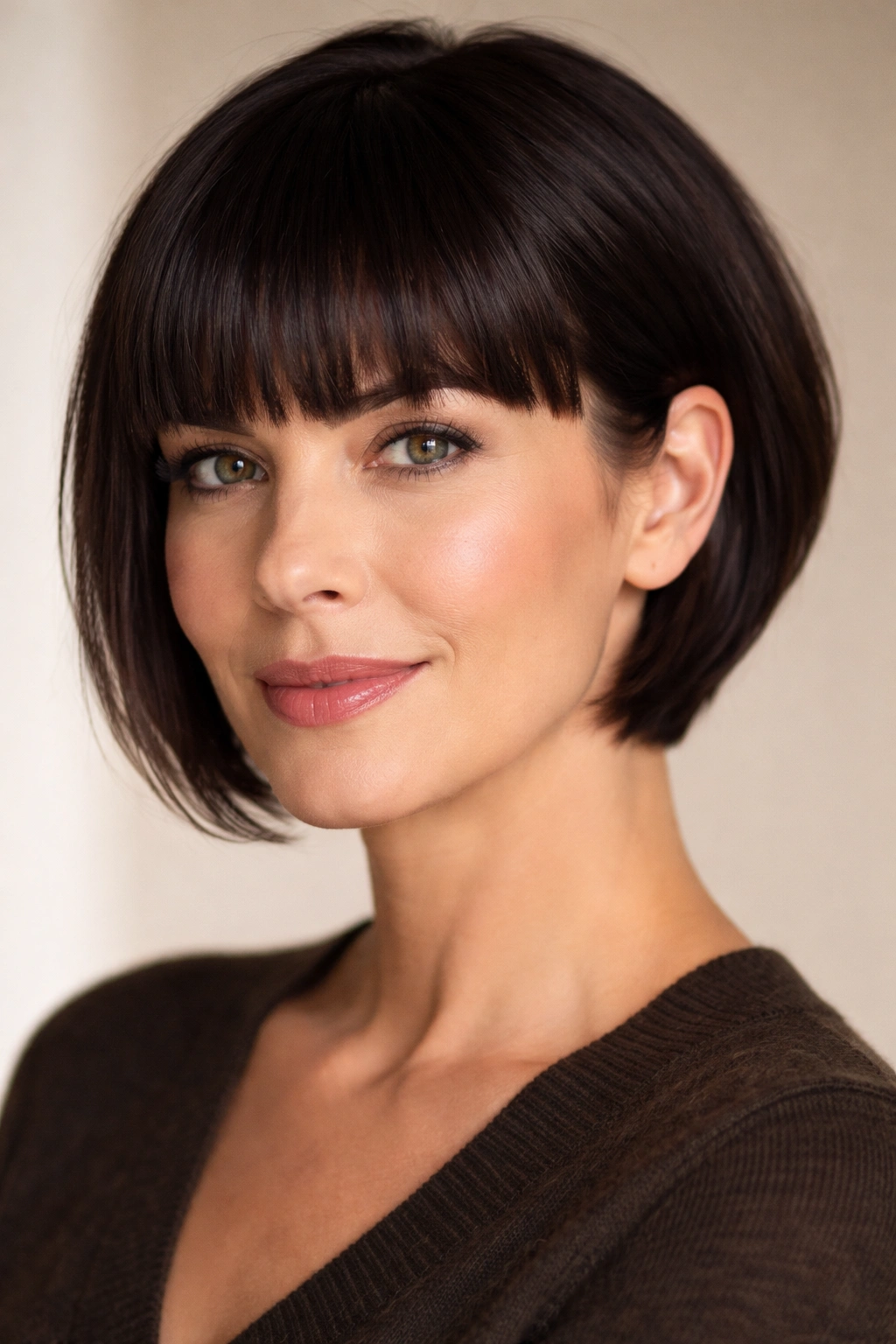 Close-up portrait showing blunt bangs and tapered sides