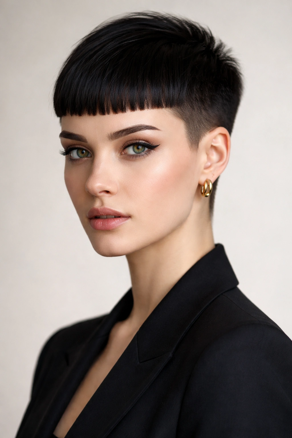 Front view of Blunt Micro Bangs with Tapered Back highlighting bold bangs and taper