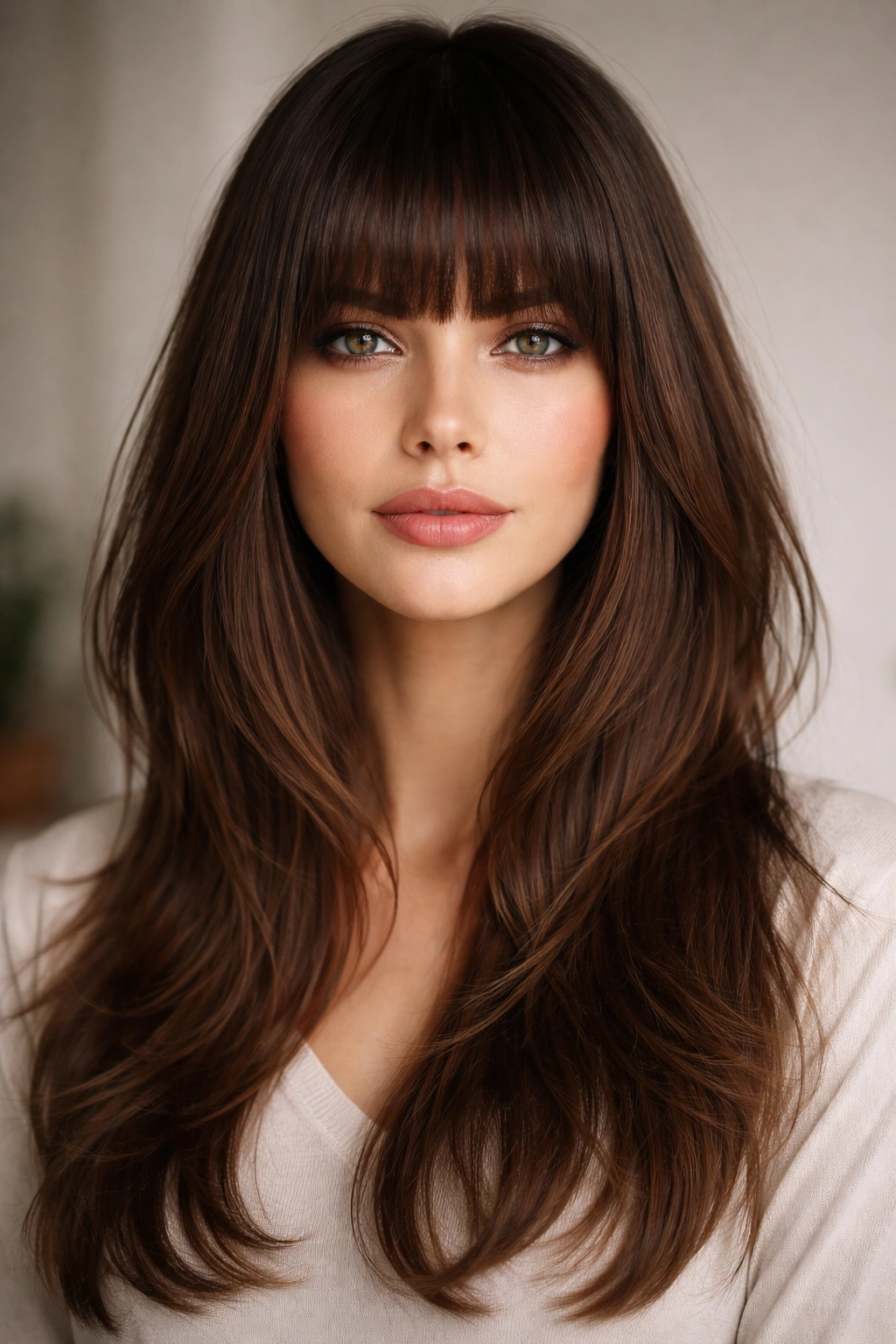 Face-framing blunt bangs with tapered layers for horizontal balance