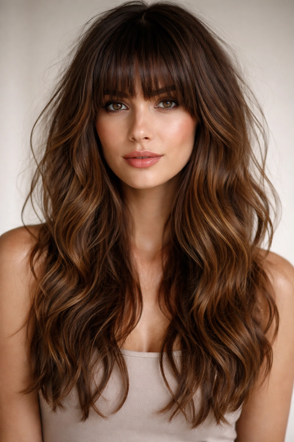 Person with blunt bangs and tousled waves in soft studio light
