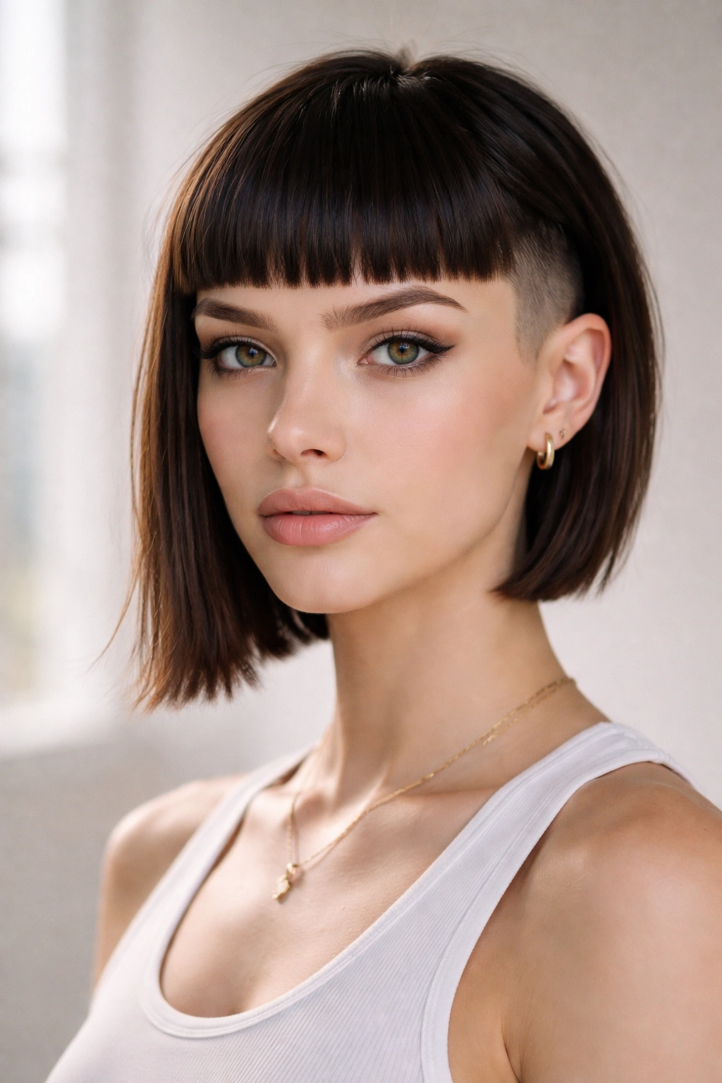 Frontal view of blunt baby bangs with side undercut