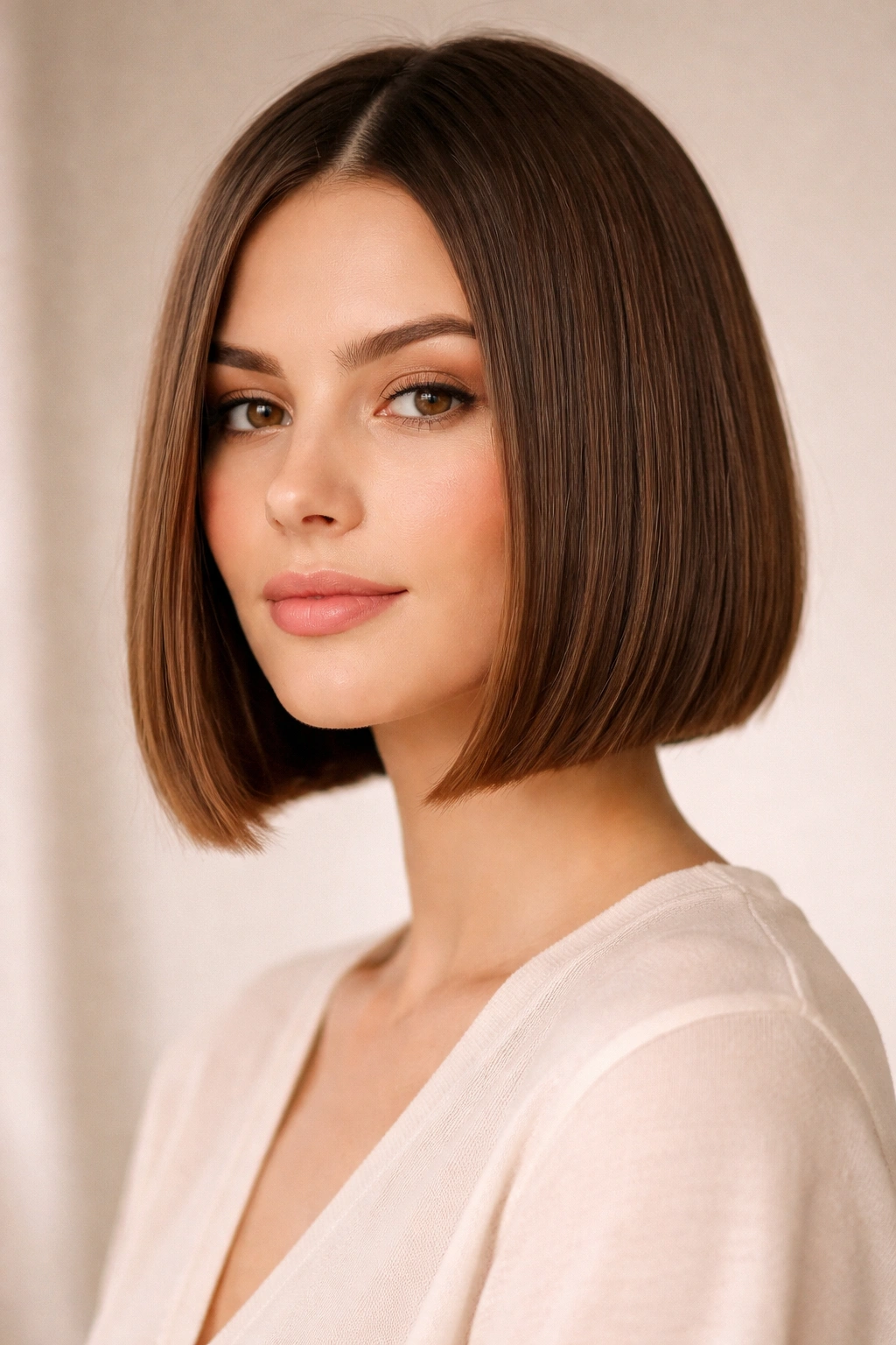 Close-up of chin-length blunt bob with sharp ends and gentle forward angle