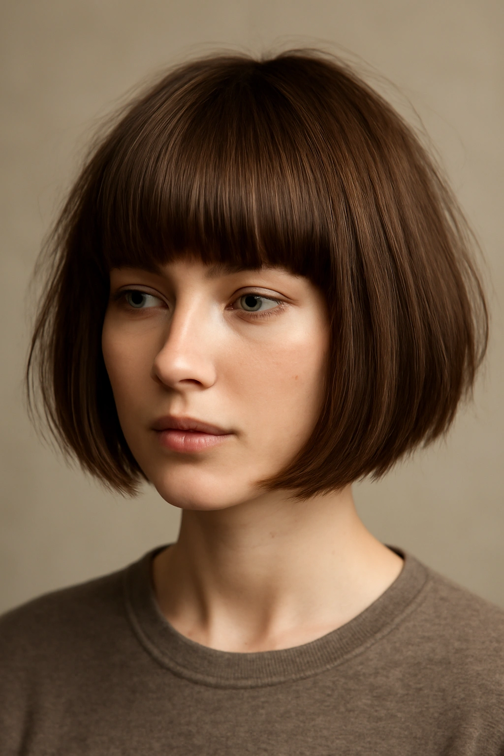 Blunt bangs with a blunt bob and light texturing.