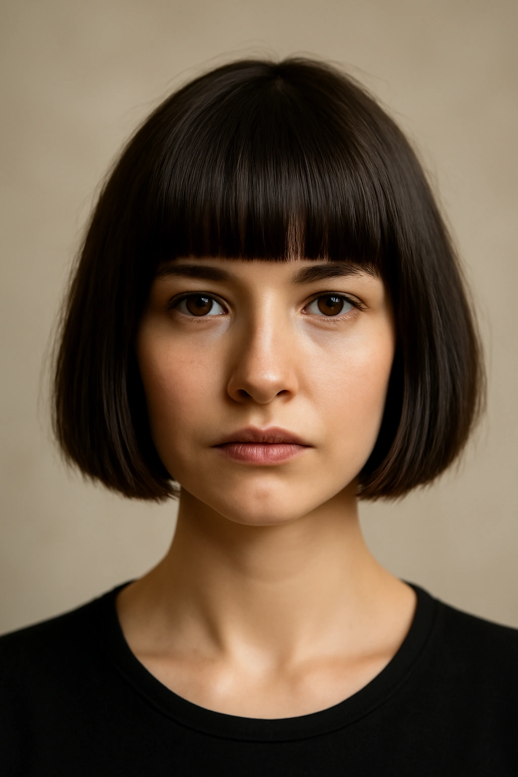 Blunt chin-length bob with thick straight bangs framing the face