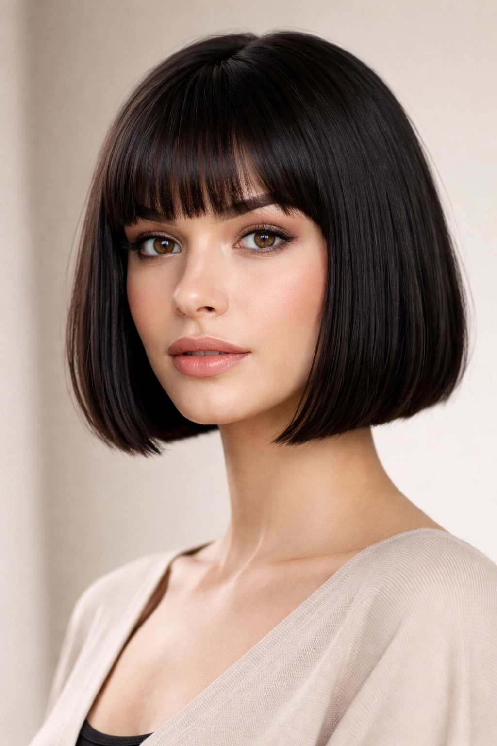 Close-up of a jaw-length blunt bob with straight bangs, a face-shortening hairstyle in studio lighting