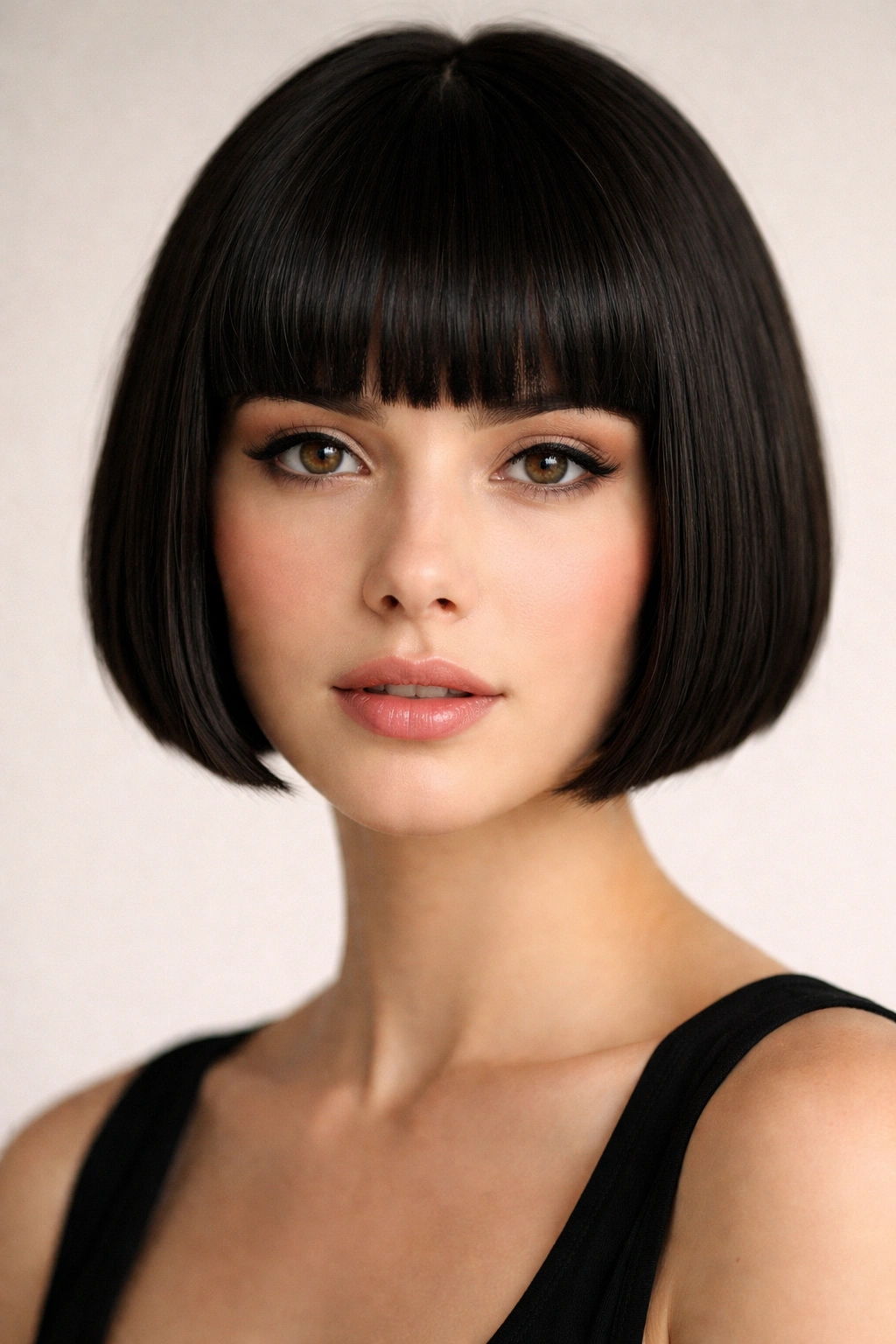 Blunt bob with straight bangs at eyebrow level
