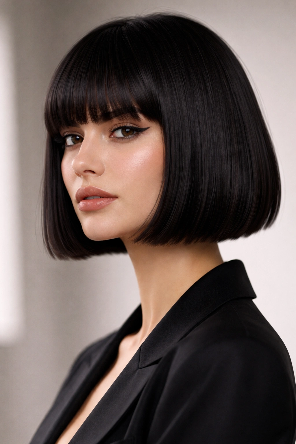 Blunt bob with bangs hairstyle on a confident person