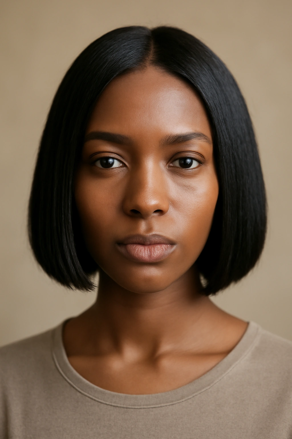 Close-up of a Black woman with a classic blunt bob, sharp jaw-length, sleek straight hair.