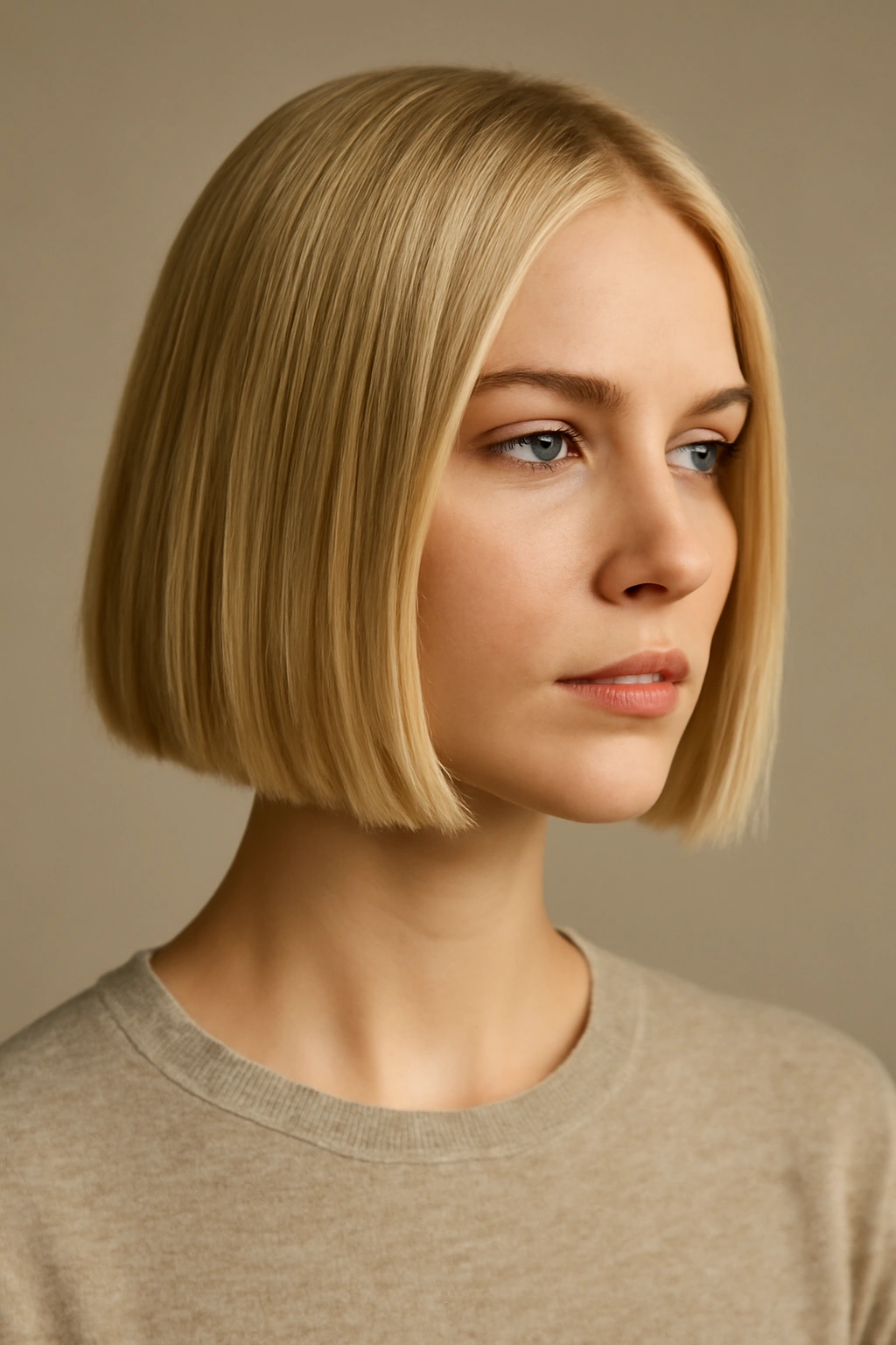 Close-up portrait of a blonde blunt chin-length bob with a sharp architectural line