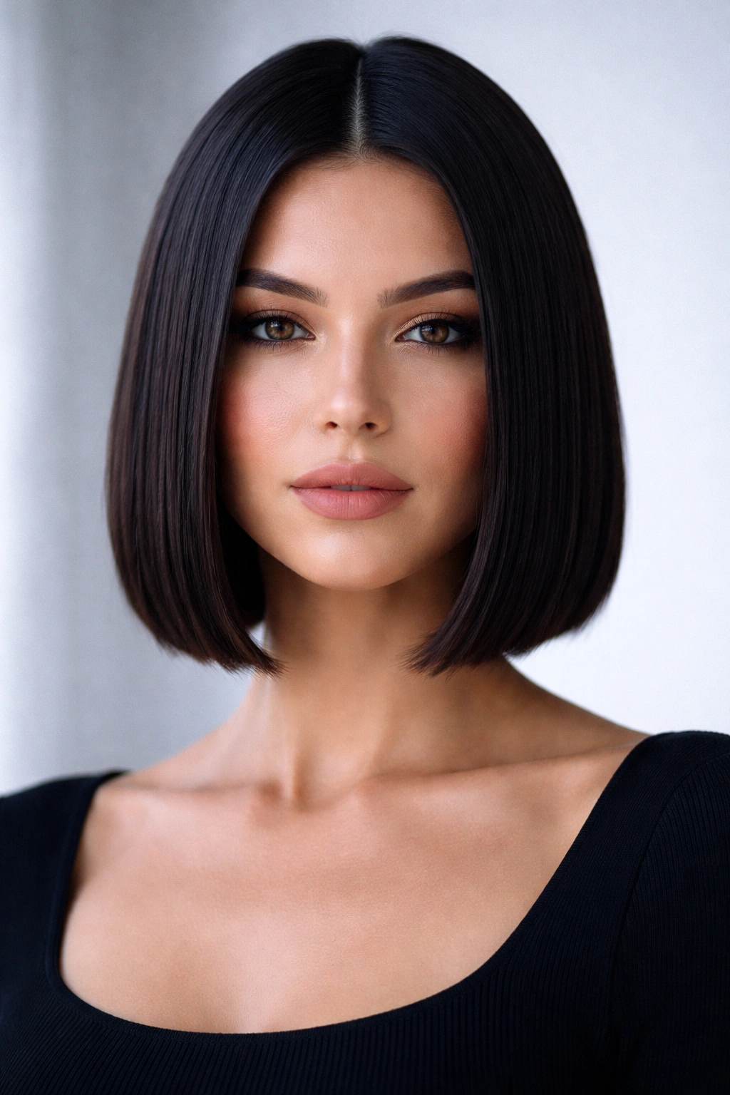 Sleek blunt bob at chin length with center part and crisp edge