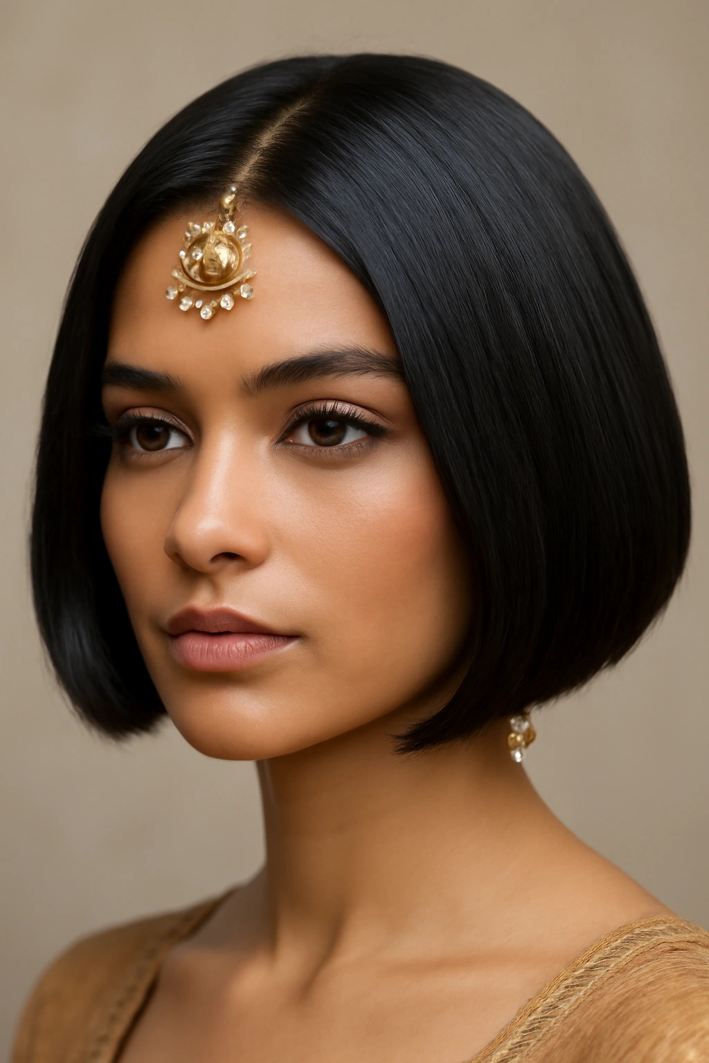 Blunt bob with deep center part and side drape.