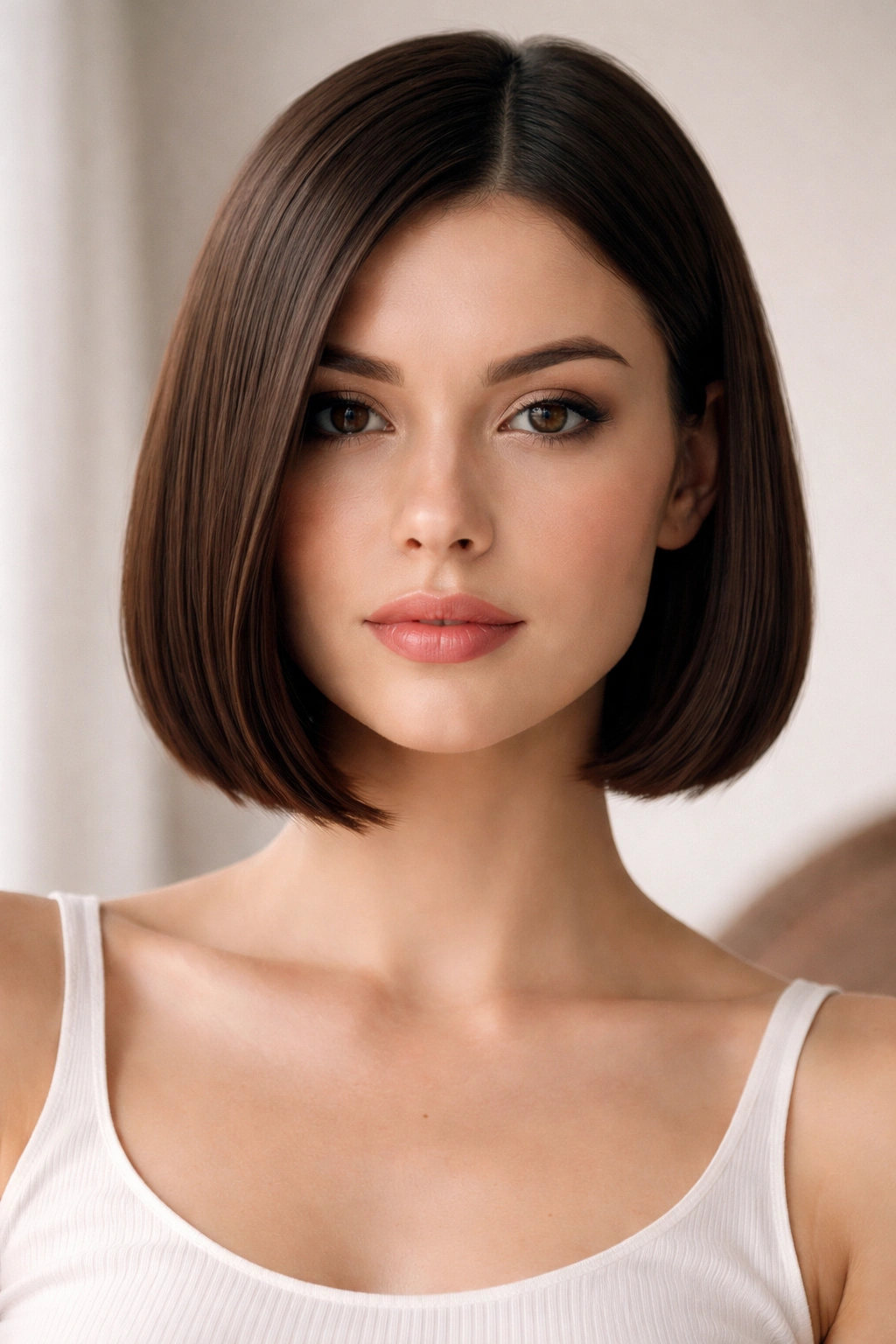 Blunt chin-length bob silhouette with straight ends.