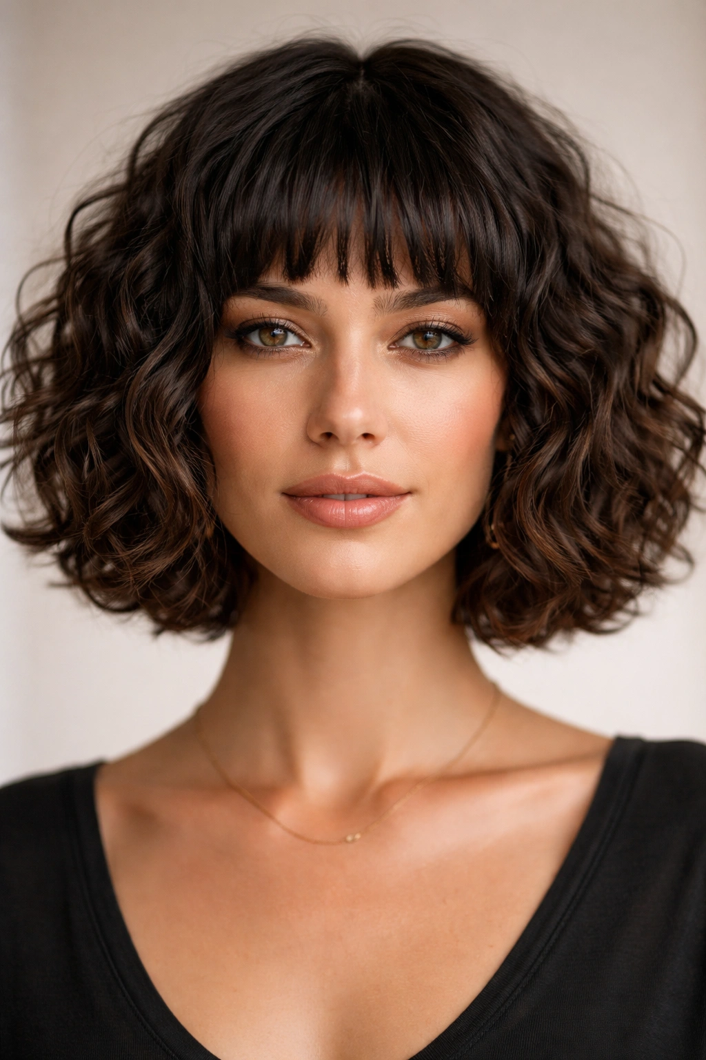 Blunt curly bob with choppy bangs framing the face