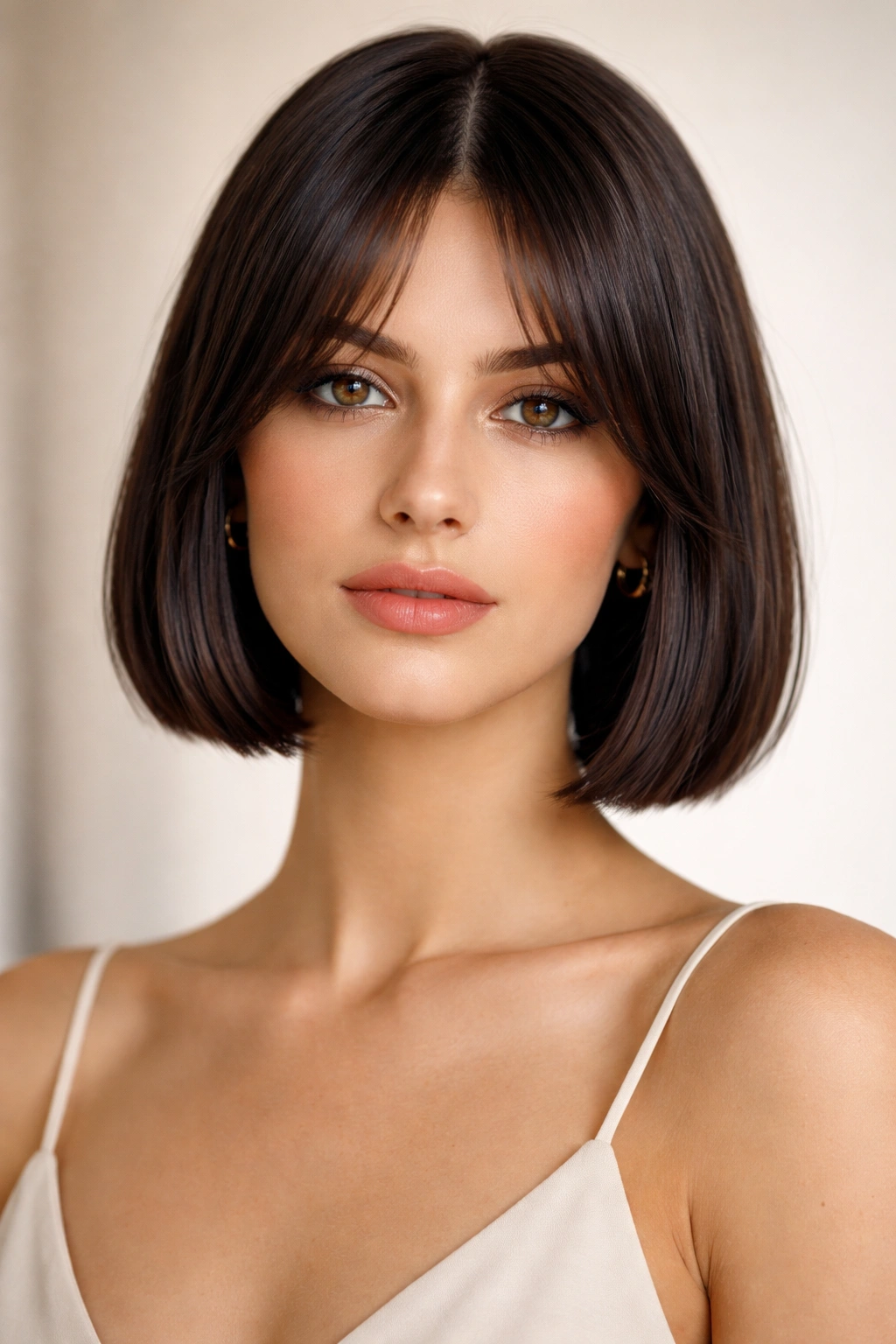 Portrait of a person with chin-length blunt bob and center-parted curtain bangs
