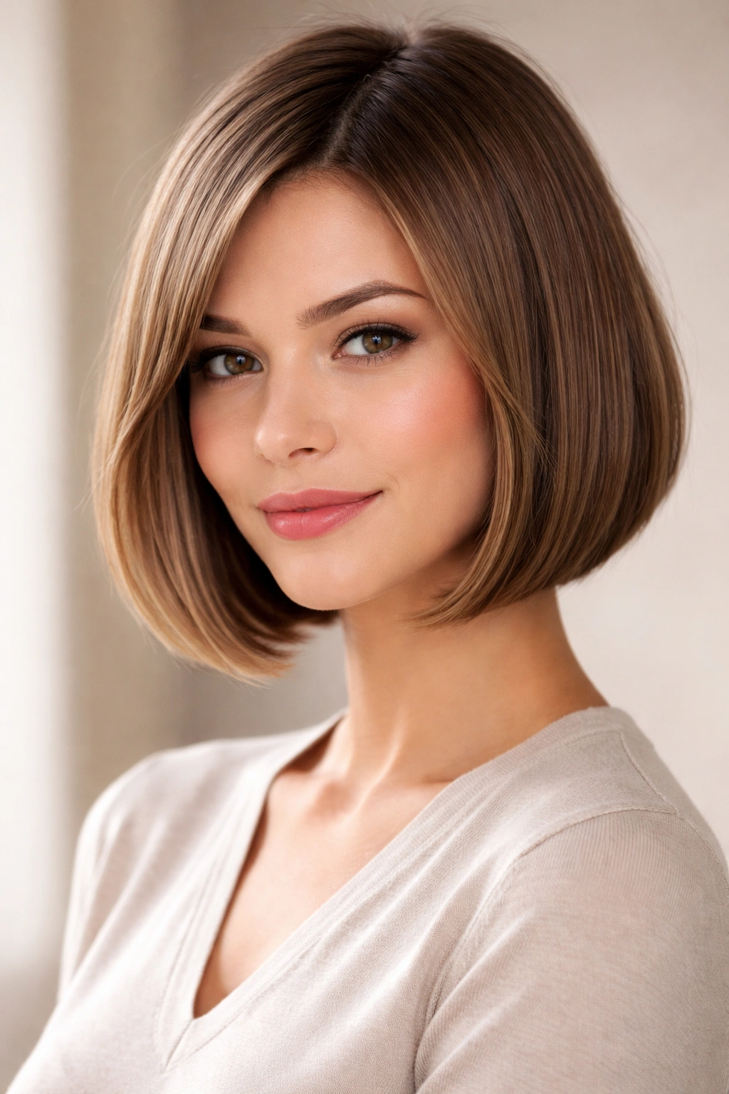 Blunt chin-length bob with curved sides framing the face