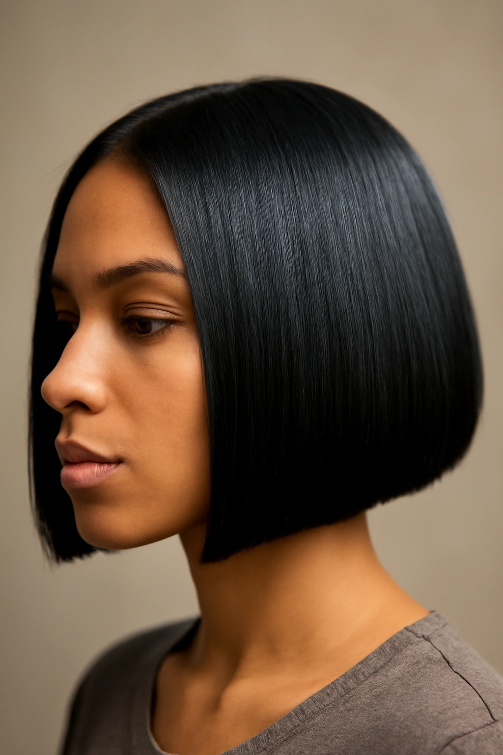 Close-up of a chin-length blunt bob with sharp edges