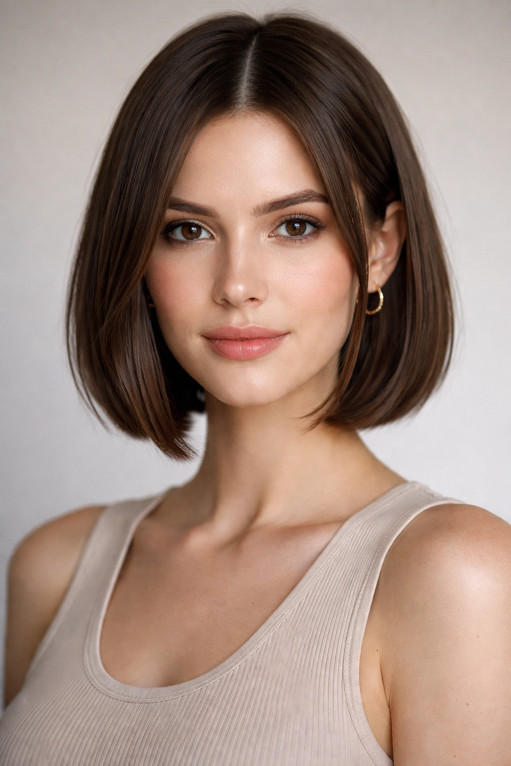 Close-up of a chin-length blunt bob with face-framing layers.