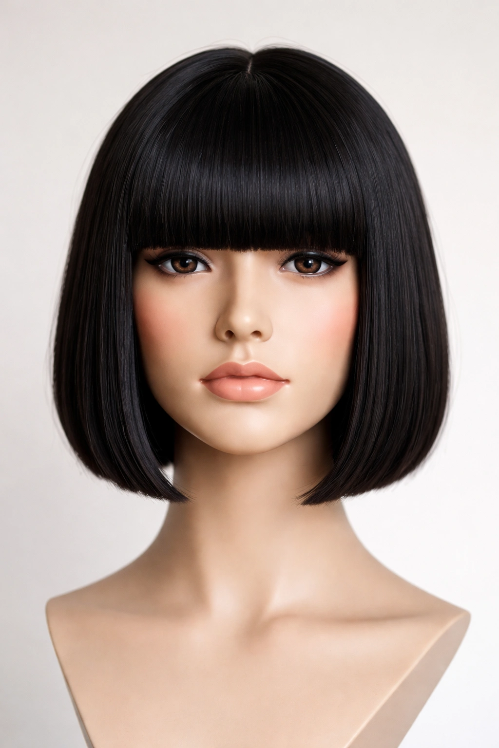 Blunt bob with thick fringe on a head mannequin in studio