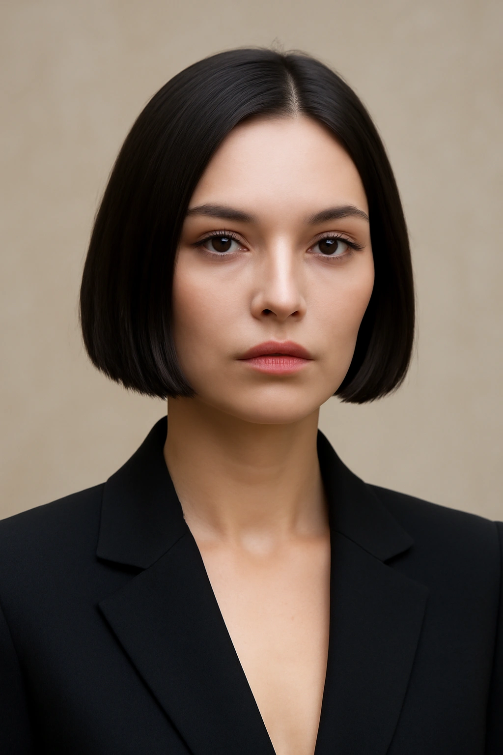 Blunt minimalist bob hairstyle with precise jaw-length cut in front view