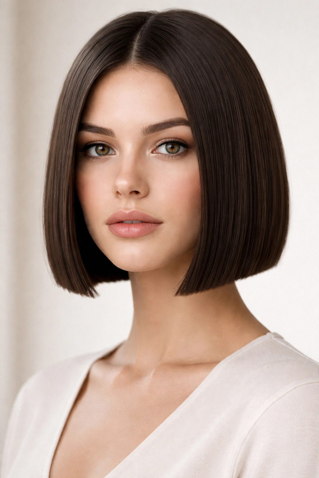 Close-up portrait of a jaw-length blunt bob with a sharp, straight hem and no layers in a studio setting