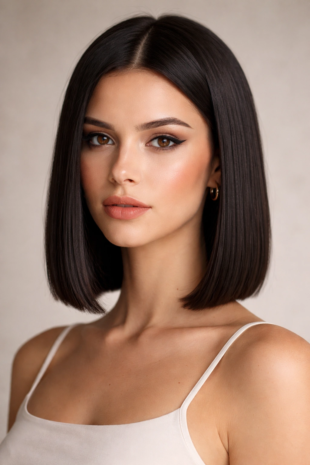 Close-up of a blunt shoulder-length bob with a crisp straight line and minimal layering.