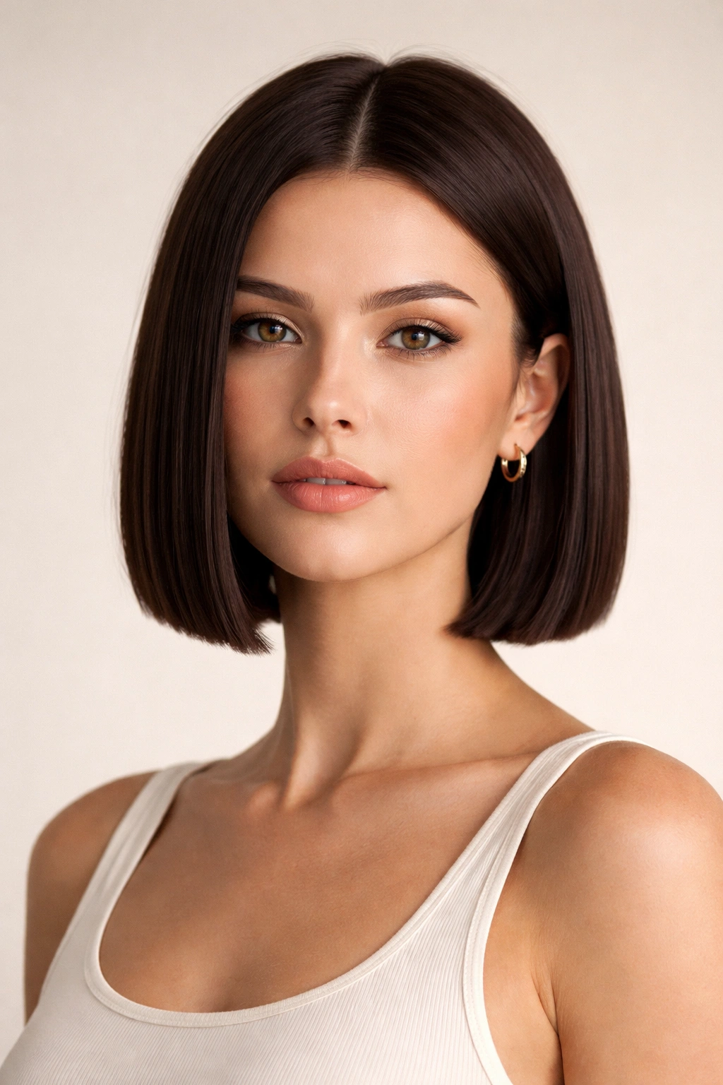Portrait of a model with a jaw-length blunt bob showcasing clean, straight lines.