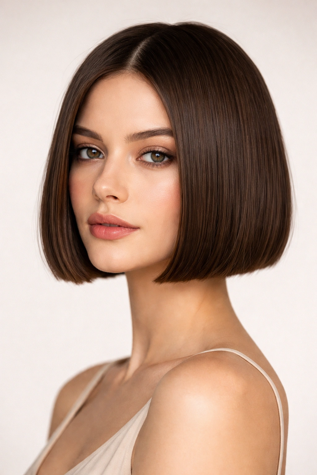 Close-up of blunt bob hairstyle with a sharp straight line at the chin.
